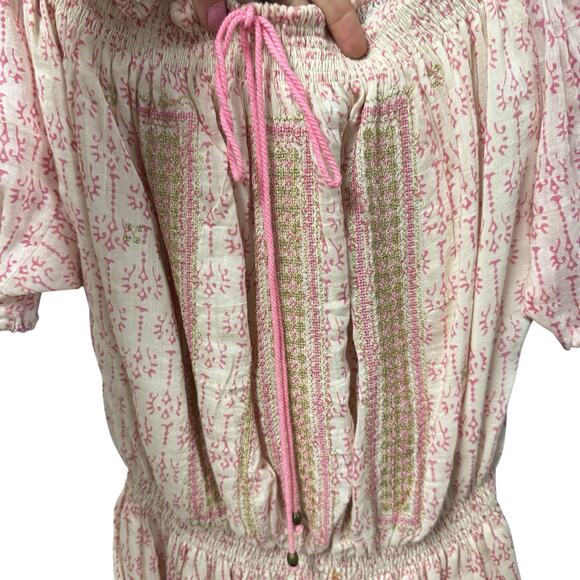 Alicia Bell Pink Ivory Short Puff Sleeve Smocked Cotton Mini Dress Womens Small - Picture 4 of 8